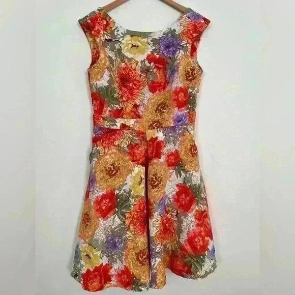 Danny & Nicole Sleeveless Gold Floral Pleated Pocket Flare Midi Dress 10 Large - Picture 2 of 7